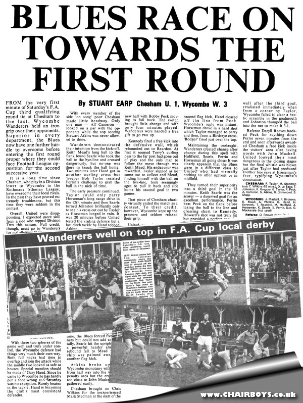 Chesham v Wycombe press cuttings from Bucks Free Press - Wycombe players in view - Howard Kennedy, Terry Reardon, Steve Perrin and Tony Horseman (on ground)