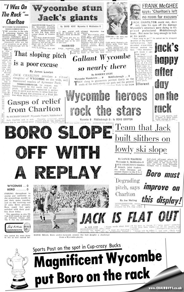 Wycombe v Middlesbrough - press cuttings from the national press
