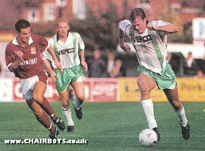 Wycombe's Keith Scott in action at Northampton, with Keith Ryan looking on - 9th October 1993 - photo Chris Berry from Bucks Free Press