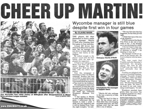 Press cuttings Gillingham v Wycombe 26th February 1994 from Bucks Free Press