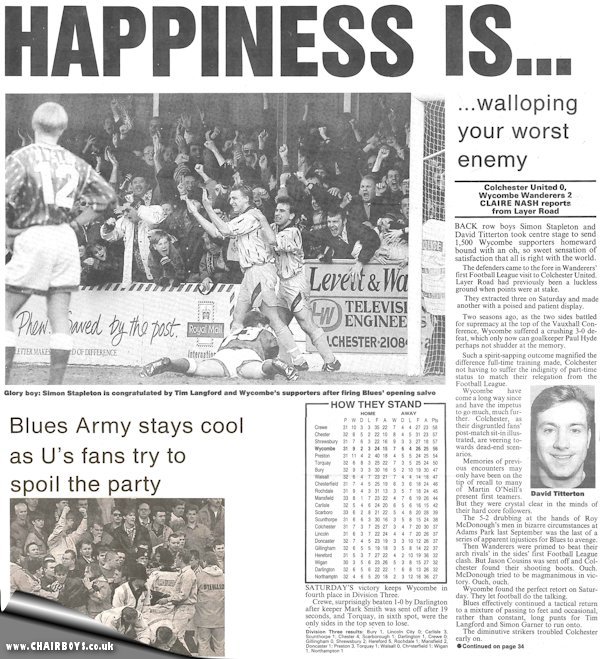 Press cuttings Colchester v Wycombe 12th March 1994 from Bucks Free Press