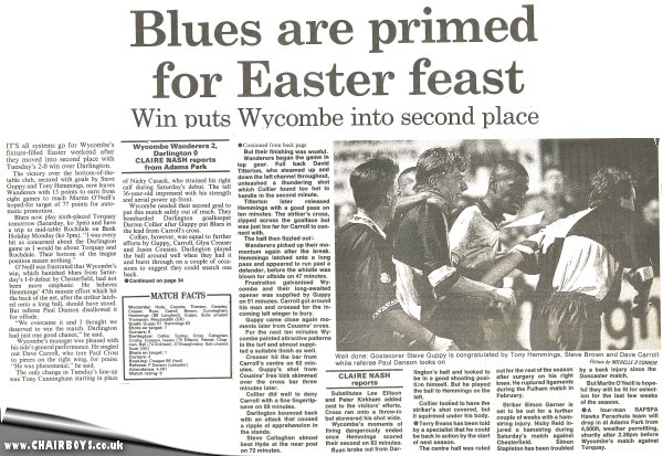 Press cuttings Wycombe v Darlington 29th March 1994 from Bucks Free Press
