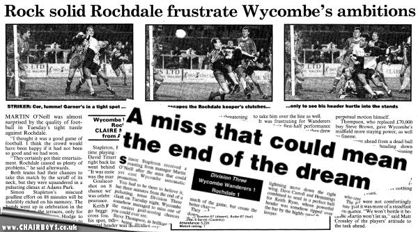 Press cuttings Wycombe v Rochdale 19th April 1994 Bucks Free Press and Wycombe Star