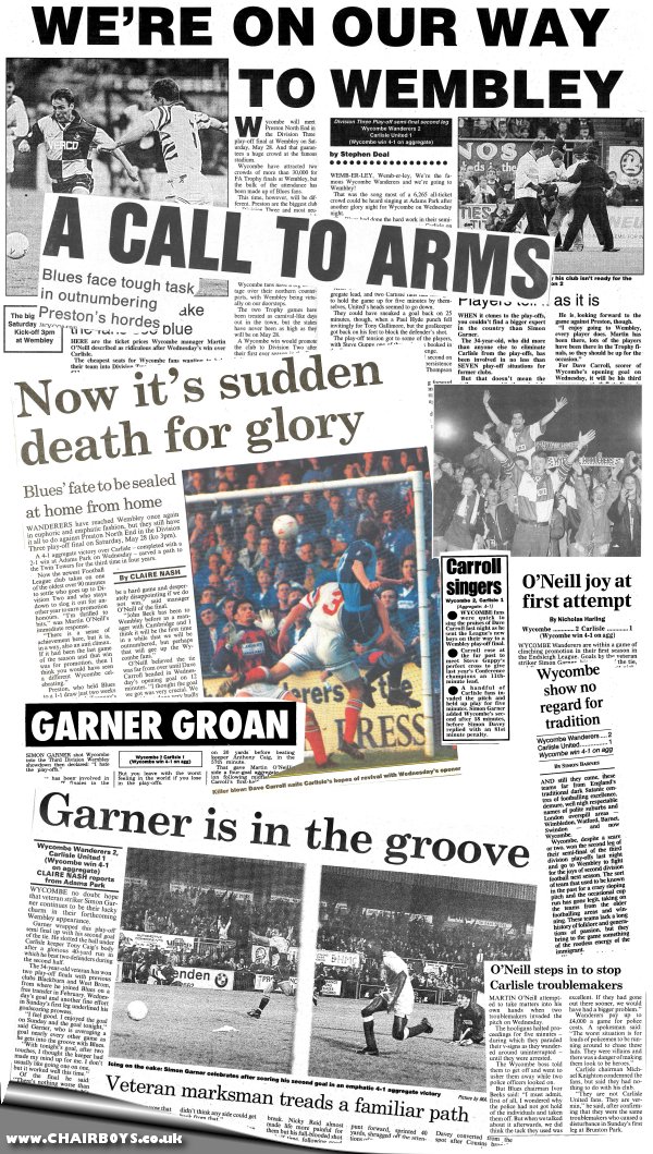 Press cuttings Wycombe v Carlisle 18th May 1994 Bucks Free Press, Wycombe Star and various nationals