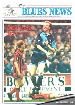 Dave Carroll celebrates the winner against Oxford United - as published on the front cover of The Blues News