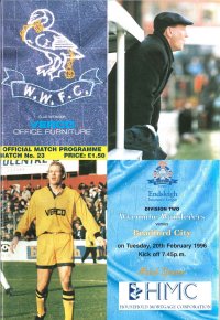 Wycombe v Bradford programme cover - same issue used from postponed game from 20th February 1996 - Keith Ryan and Alan Smith on the cover
