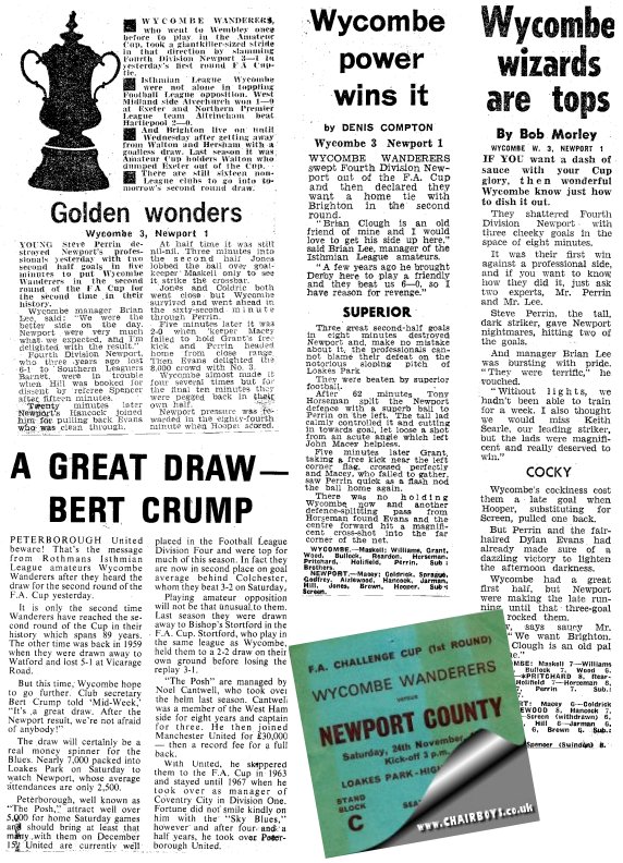 Wycombe v Newport - national reports and match ticket - 24 November 1973