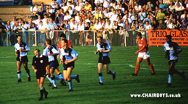 Wanderers players celebrate Mark West's goal at Adams Park 9th August 1990 - Picture Paul Lewis