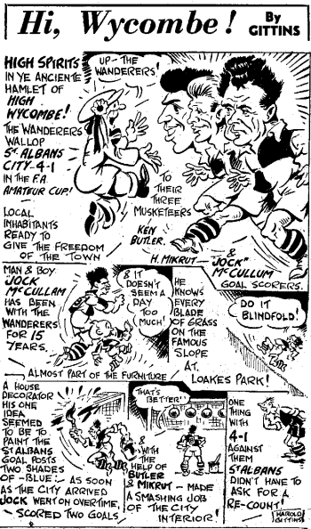 Gittins cartoon depicting Wycombe Wanderers v St Albans Amateur Cup February 1950 - published in The Evening News
