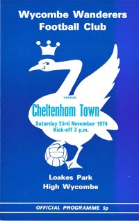 Wycombe v Cheltenham programme cover - 23 November 1974 - Cover price is 5p