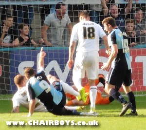 Paul Hayes celebrates his winner against Cambridge along with Matt McClure