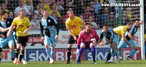 Wanderers defend against a Burton side that included former Wanderer Stuart Beavon - far left Burton player in this picture - Wycombe players are Joe Jacobson, Alfie Mawson, Matt Ingram, Nico Yannaris and Sam Wood