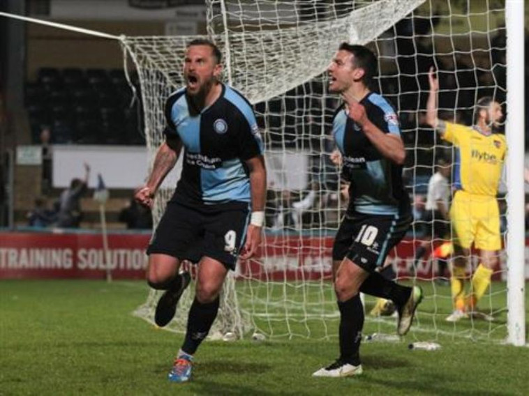 Paul Hayes celebrates Wanderers' winner verus Exeter - picture wwfc.com