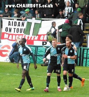 Wanderers players celebrate Paul Hayes' opening goal against Plymouth