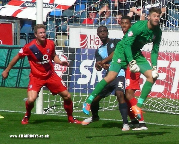 Goalscorer Anthony Stewart in the thick of it against York, with former Wanderer Dave Winfield looking on