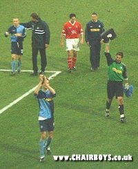 Frank Talia acknowledges the Wanderers fans after the final whistle at Oakwell