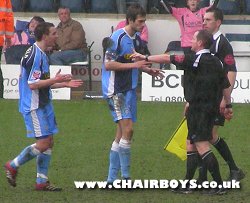 A day of frustration for Wanderers against Bristol Rovers - Matt Bloomfield and Roger Johnson protest that a Wycombe shot had crossed the line shortly before the break