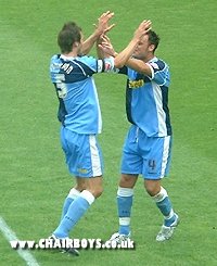 Roger Johnson and Stefan Oakes celebrate