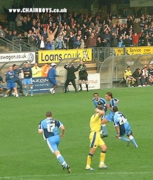 Celebrations after Clint Easton's equaliser against Peterborough