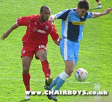 Ian Stonebridge, who won Wanderers penalty, in action at Rushden