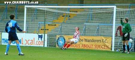 Andy Frampton has just sliced the ball into his own net for Wanderers equaliser in the 32nd minute